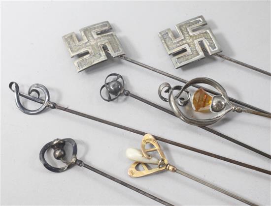 Seven assorted Charles Horner hatpins including one 9ct gold.The property of :Mrs BA Hamilton-Deeley, deceased.The proceeds from these